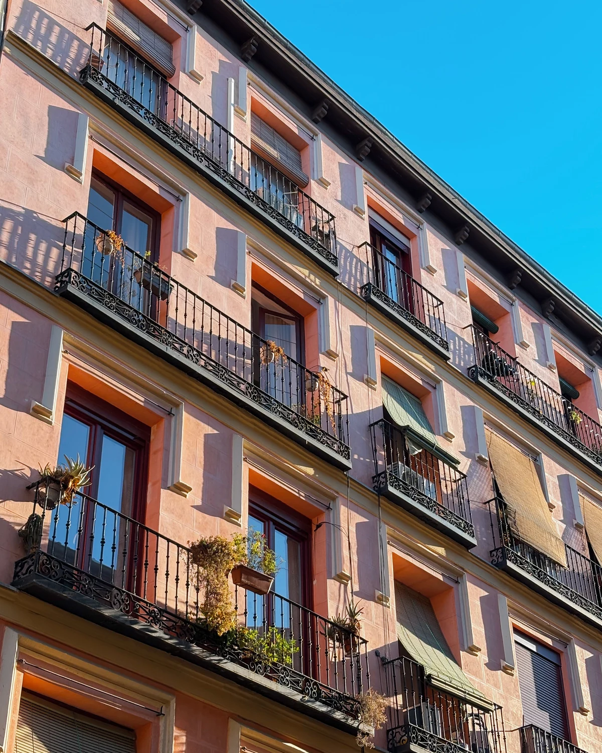 Dusty mauve-pink building facade with ornate iron balconies